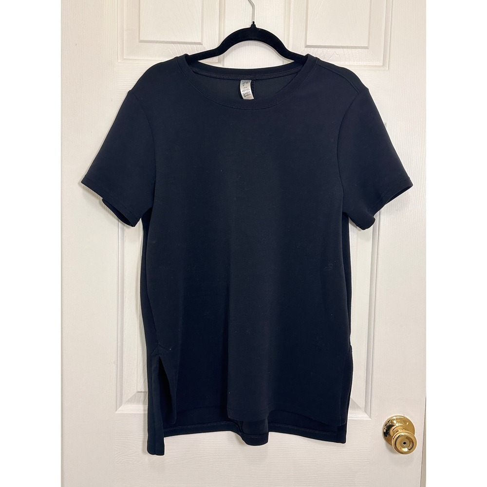 Spanx AirLuxe Crew Neck T-Shirt Soft Black Side Slit Short Sleeve Top Large